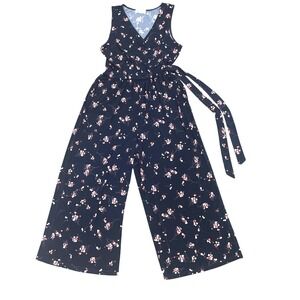 Kaileigh Women Jumpsuit Floral Wrap Tie Waist Wide Leg M Navy Blue Summer Boho